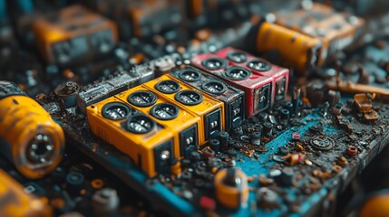 Fototapeta premium Close-up of discarded electronic components reveals technological waste. Vibrant yellow and red blocks contrast with the debris, emphasizing recycling's importance. Recycle waste background
