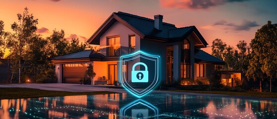 Modern home with digital security shield icon.