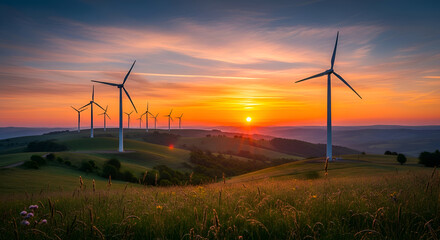 Obraz premium Wind Turbines on Hilly Landscape at Sunrise