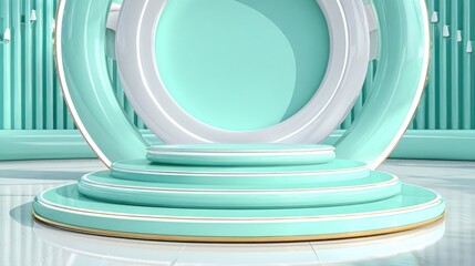 Mint circular stage platform with backdrop, white trim, shiny floor