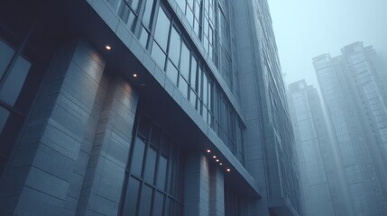 Obraz premium Modern, tall building with stone and glass exterior in foggy, overcast city