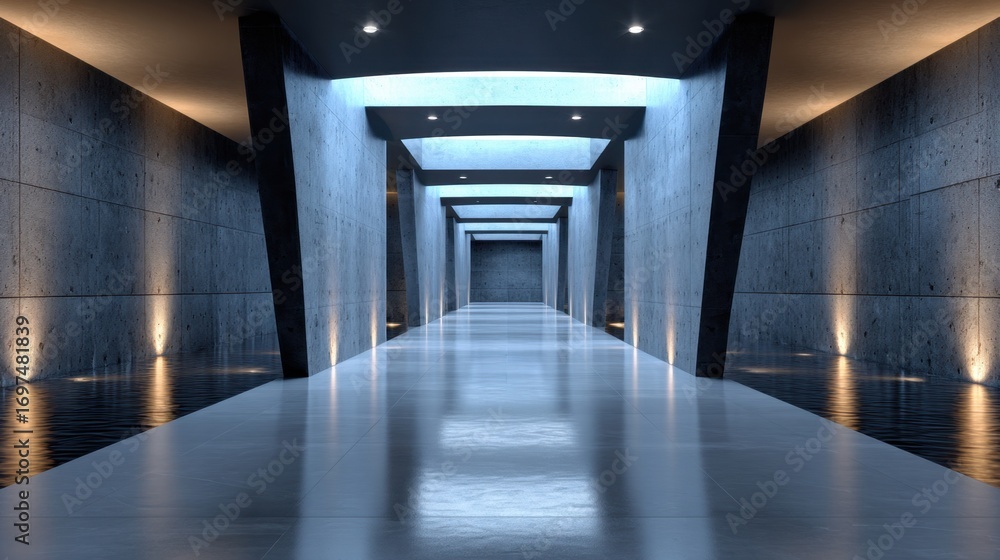 Poster endless journey through a sleek concrete hallway illuminated by soft lights and defined by modern ar