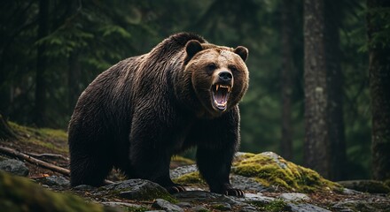 Angry grizzly bear in forest