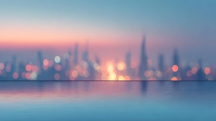 Luxury infinity pool bar with blurred glowing skyline, cinematic surreal palette