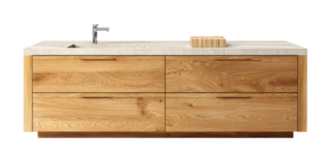 Light-brown wooden vanity with drawers and a marble countertop