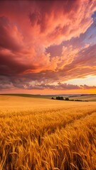 Obraz premium Golden Wheat Field Under Dramatic Sunset Sky With Vibrant Clouds And Scenic Rural Landscape