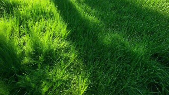 Green wild grass softly swaying in the wind under sunlight casting moving shadows. Concept of nature&rsquo;s rhythm and simplicity