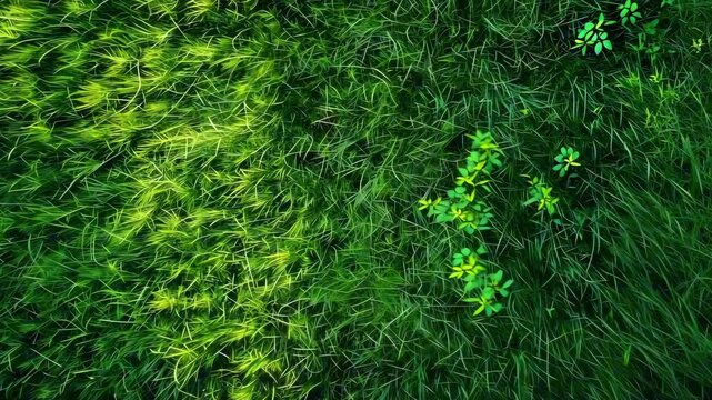 Lush overhead view of thick green grass with small clover patches under soft sunlight, slight breeze movement. Concept of serenity and natural growth