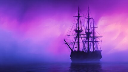 Fototapeta premium Majestic sailing ship gliding through misty waters at twilight, surrounded by vibrant purple skies