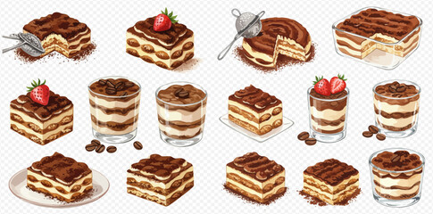 A collection of illustrated tiramisu desserts, shown as slices, whole cakes, and layered portions in glasses.