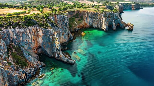 Scenic aerial view of rugged coastal cliffs with turquoise sea and lush vegetation on top under clear blue sky. Concept of untouched natural beauty and adventure