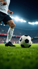 Fototapeta premium A dynamic close-up shot capturing a soccer player in action with the ball. The image exudes energy and showcases the essence of the sport