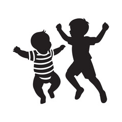 A silhouette of a baby and a child jumping in the air.