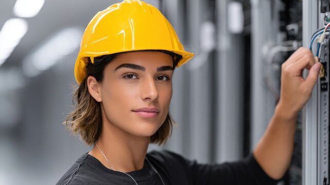 Female technician in safety helmet works diligently on server racks in a modern data center during daylight hours enhancing system performance and security