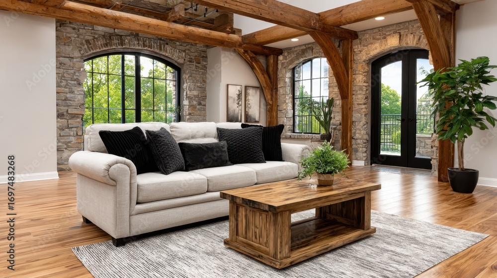 Poster inviting farmhouse inspired living space blending rustic charm with modern comforts to create a tran