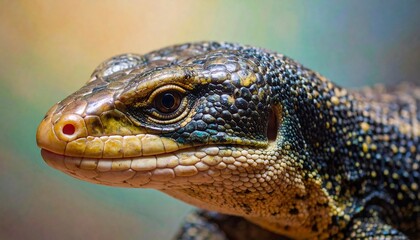 Fototapeta premium Close-up profile view of a lizard's head, showcasing intricate patterns and colors.