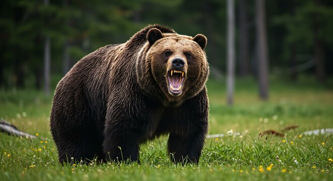 Angry grizzly bear in meadow