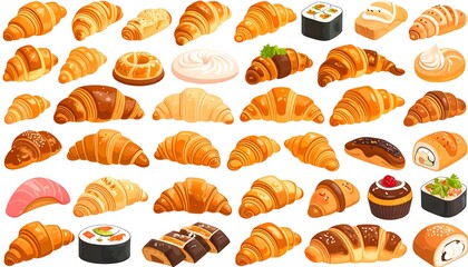 Naklejka premium Various pastries and sushi displayed on a white background