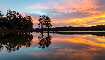Peaceful sunset over a calm lake, with mirrored reflections
