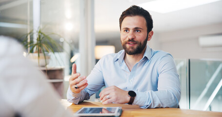 Business, man and explain meeting in office for accounting, financial pitch and proposal ideas....