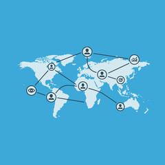 Global connectivity illustrated through a world map showing user connections and data flow