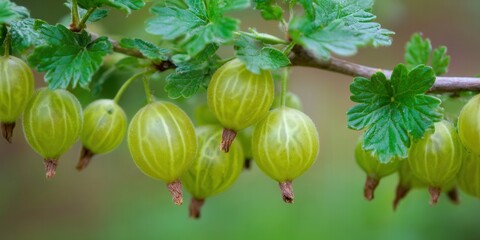 Vibrant green gooseberries ripen on the branch, a close-up of the fresh fruit with its leaves