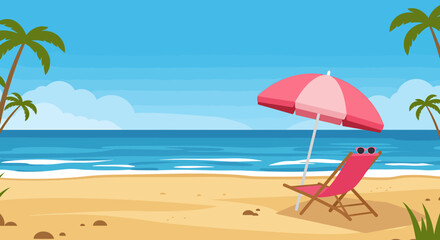 Relaxing beach scene with a pink umbrella and chair under palm trees, calm ocean waves in the background