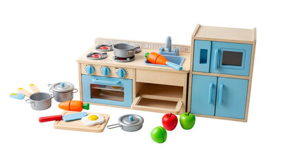Wooden toy kitchen set isolated on transparent background