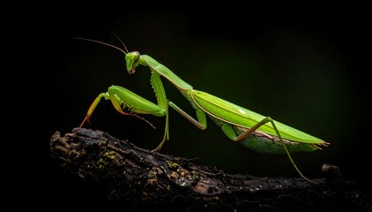 Close-up of a vibrant green praying mantis on a dark branch