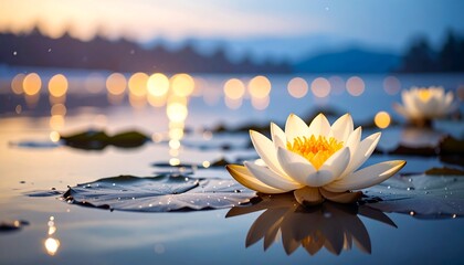 Peaceful white water lily at sunset