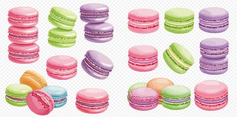 A delightful collection of colorful French macaron pastries in various pastel shades, shown individually and in stacks.