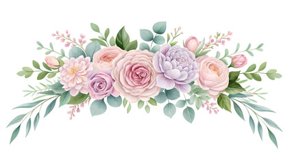 Graceful Watercolor Floral Arrangement with Pastel Flowers on Transparent Background
