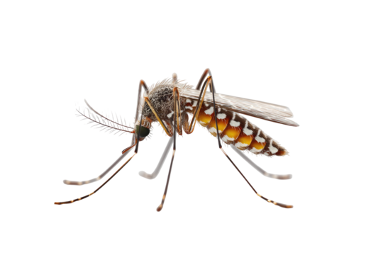 Close-up of a mosquito, light gray and brown striped body, translucent wings