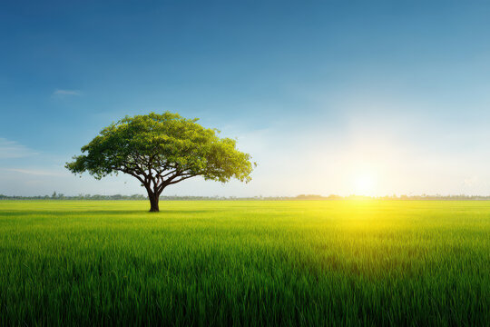 stunning summer landscape featuring solitary tree standing gracefully on lush green meadow in  different