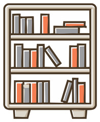 Illustration of bookshelves, books, storage, and furniture
