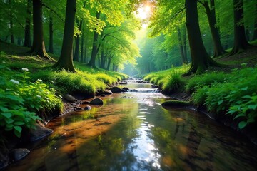 Obraz premium Serene, shallow brook meanders through a lush green forest, sunlight dappling the water's surface Perfect for nature, tranquility, and environmental themes , fresh, sunlight