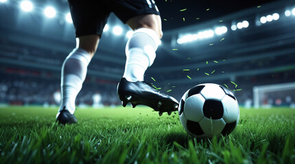Fototapeta premium A football player kicking a football, with green grass and stadium in the background