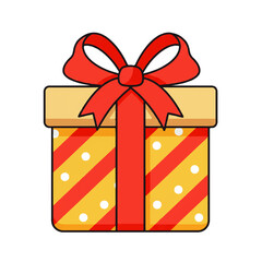 Cartoon illustration of a yellow gift box with red diagonal stripes, white polka dots, and a red bow.
