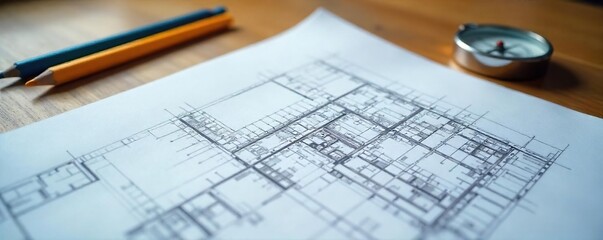 Close-up shot of a blueprint spread out on a wooden table, pencils and a compass scattered nearby, suggesting architectural planning in progress , architectural, graphic