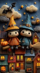 Obraz premium Halloween illustration Two whimsical witches on a broomstick. seasonal celebration