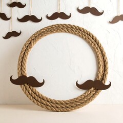 Round rope frame with brown mustaches on a white background