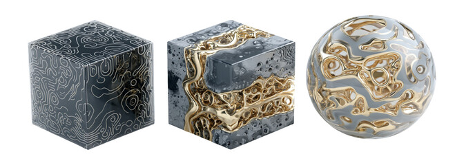 Abstract Geometric Shapes with Metallic Highlights and Textured Surfaces