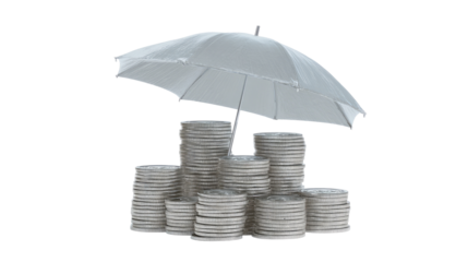 A light gray umbrella shelters a stack of coins