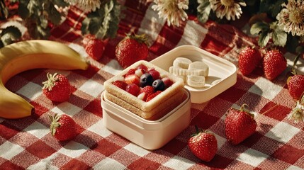Picnic scene with fruit-topped sandwich, banana, berries, checkered cloth