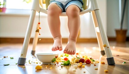 Baby eating, mess on floor