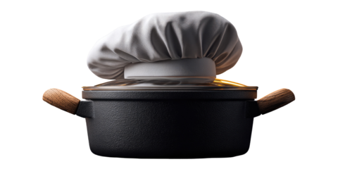 A chef's hat atop a dark cooking pot, suggesting culinary artistry and preparation