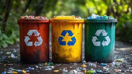 Overflowing recycling bins ? orange, yellow, and green ? stand outdoors, filled with paper, mixed refuse, and plastic. Litter surrounds them. Recycle waste background.