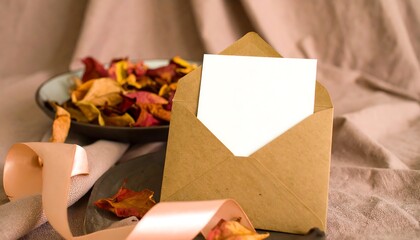 Blank notecard in kraft envelope, autumnal setting