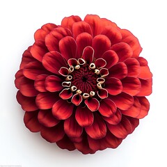 Deep red zinnia, single flower on white background.
