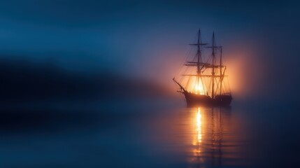 Fototapeta premium A majestic ship sailing through foggy waters at dawn, illuminated by a warm glow in the background